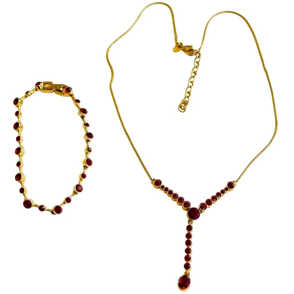 Monet Red Crystal Y-Drop Necklace Bracelet Signed Gold Plated Matching Set VTG